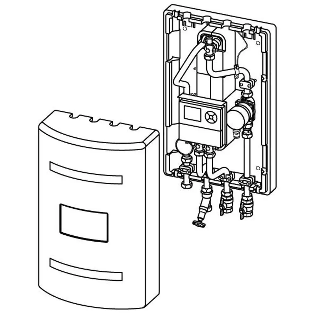 Uponor Frischwasserstation mit Montageplatte, Pumpe und Anschlussleitungen zur Wasserführung. Gezeigt ist die Außenseite und die innere Anordnung der Komponenten.